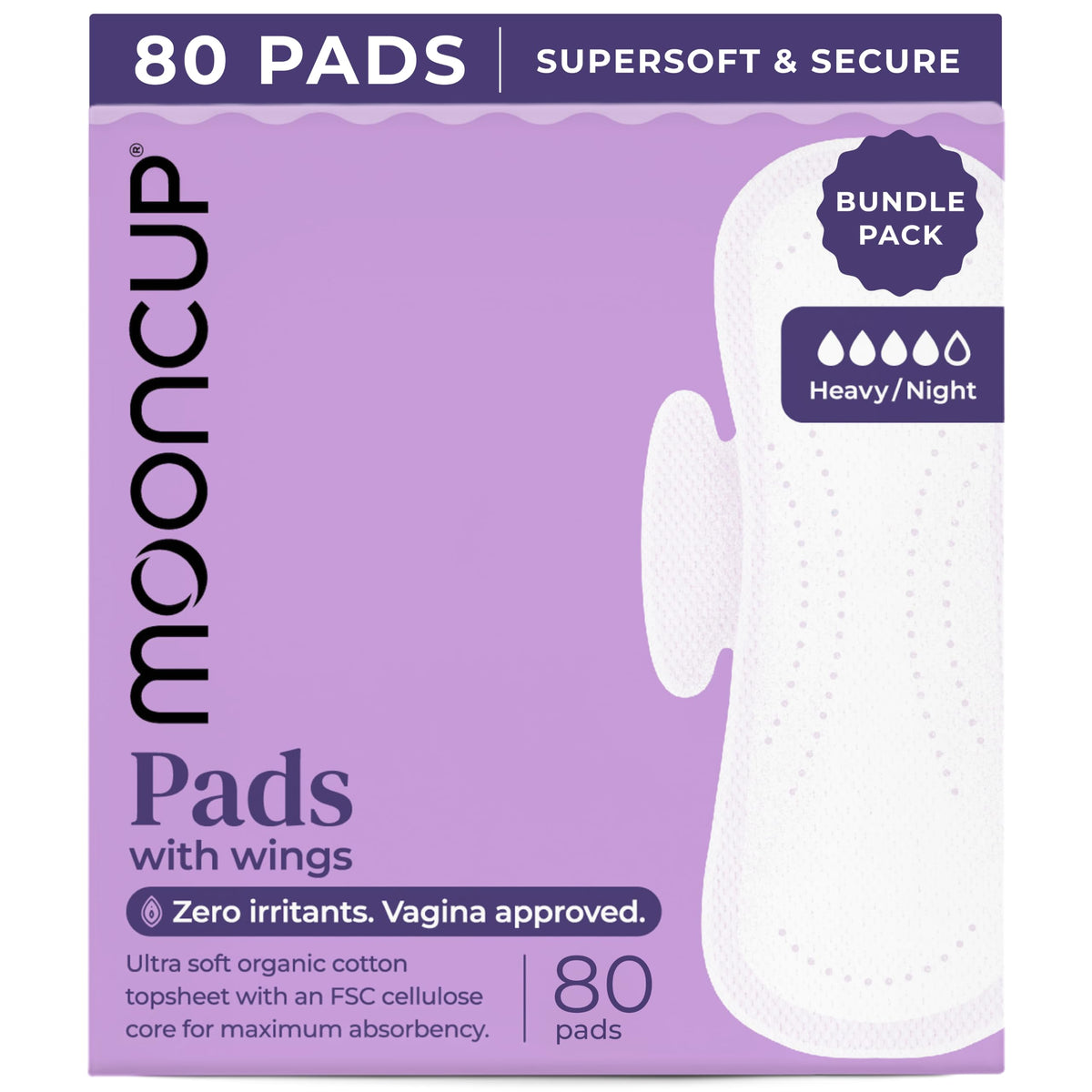 Mooncup Pads with Wings - Biodegradable Pads Made with Organic Cotton for Irritation-Free Period Care - Leakproof, Plastic-Free, Highly Absorbent Protection for Sensitive Skin - (20) Heavy/Night
