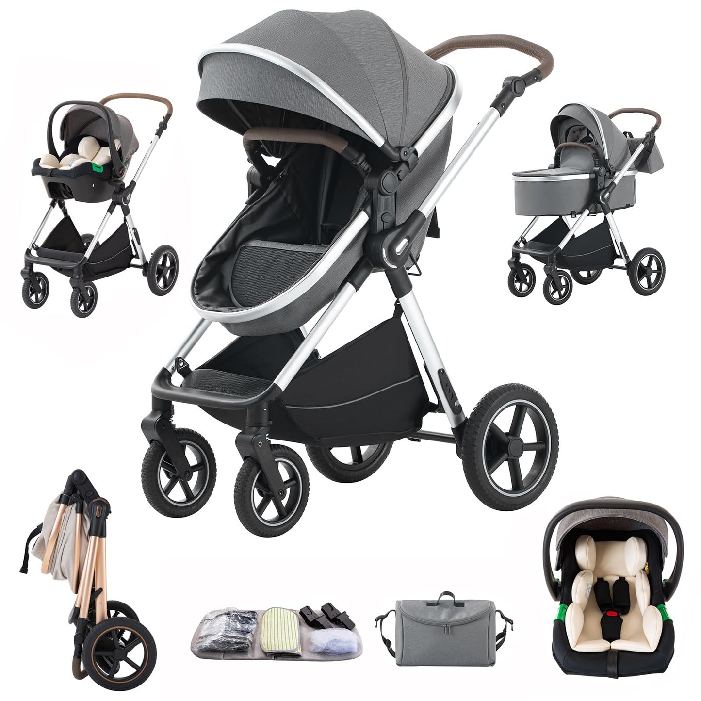 3 in 1 Pram Pushchair Aluminium Frame High Landscape Combined Buggy Lightweight Folding Stroller 3 in 1 Travel System Pram for Newborns Toddlers 0-36 Months from Birth (H9-Pink, H9)