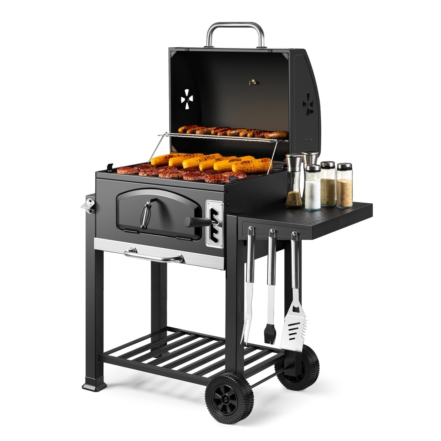 VonHaus Charcoal BBQ – XL Portable Barbecue with Warming Rack, Fold Down Shelves, Temperature Gauge, Wheels, Cooking Grill, Air Vents – 2 in 1 Barbeque and Smoker – Grill Meat, Fish & Vegetables