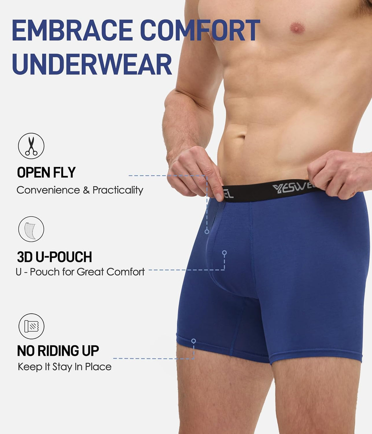 YESWEL Mens Bamboo Boxers, Longer Leg Boxer Shorts with Fly, Anti Chafing Underwear Trunks, No Itchy Labels Underpants (S-4XL)