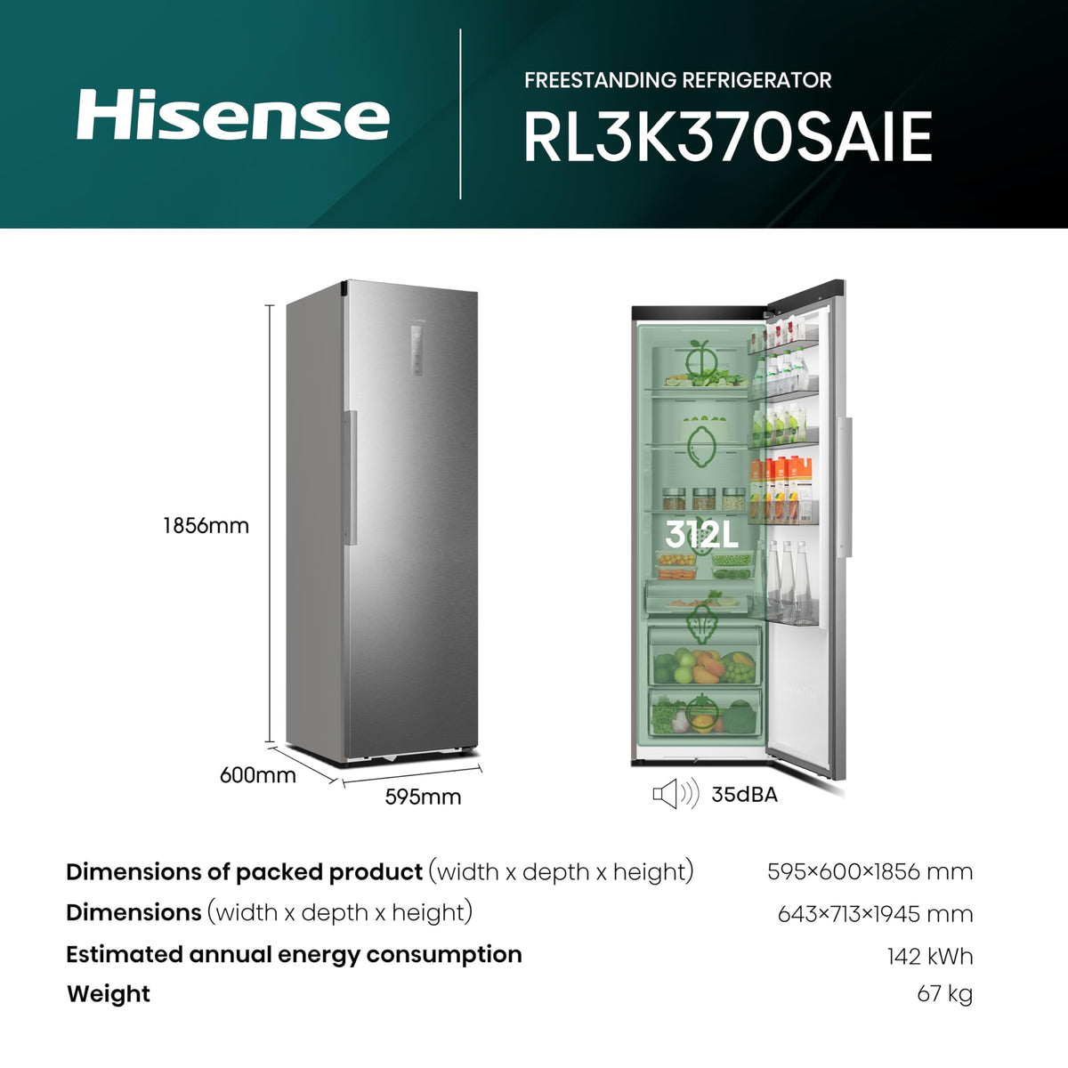 Hisense FV298N4ACE Tall Freestanding Freezer 240 Litre Capacity Total No Frost with LED Display 59D x 59.5W x 172H cm - Stainless Steel, Silver