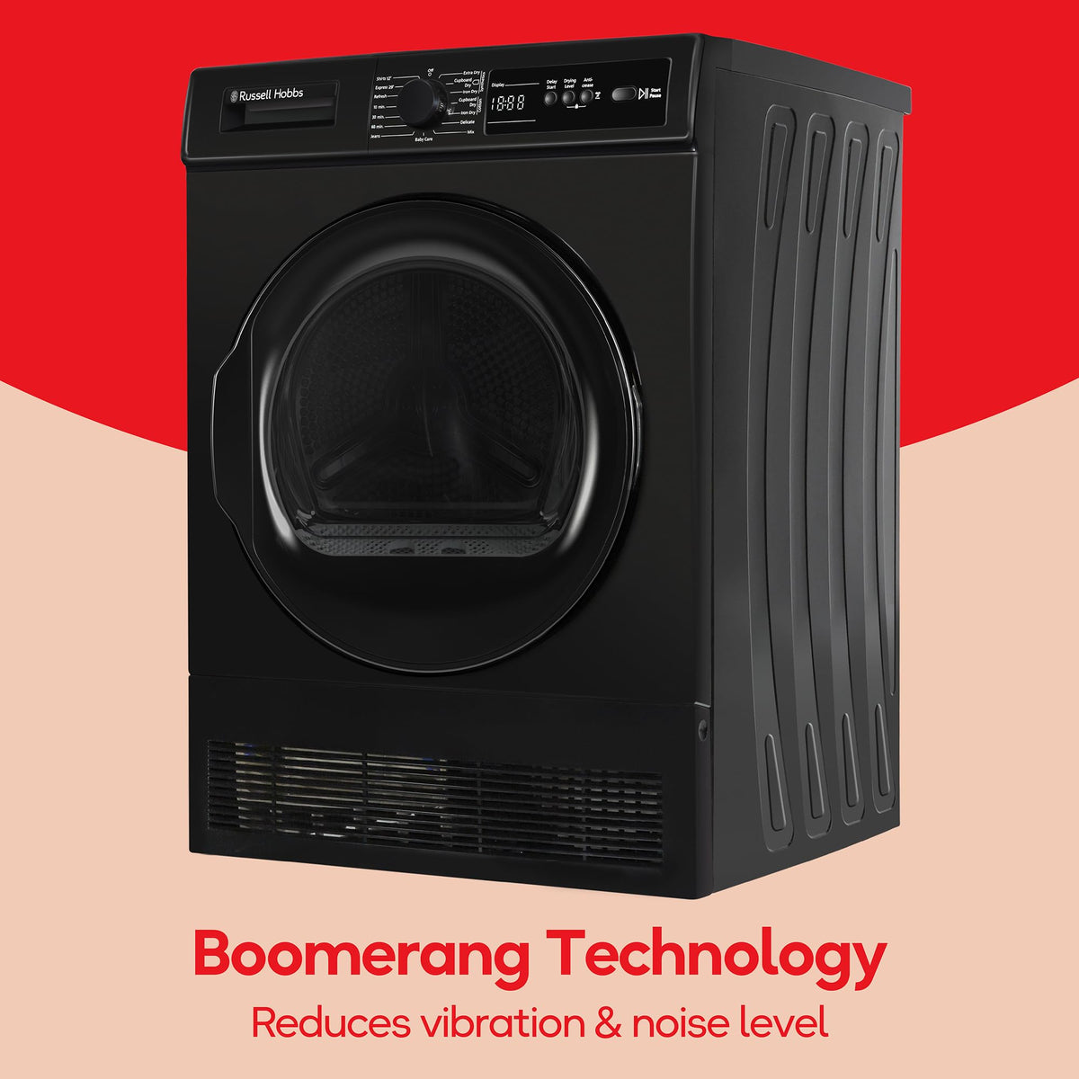 Russell Hobbs Freestanding Condenser Dryer Electric Tumble Dryer 15 Programmes 8kg Capacity 3 Heat Settings LED Display DelayStart Anti-Crease Child Lock Black Clothes Dryer RH8CTD111B