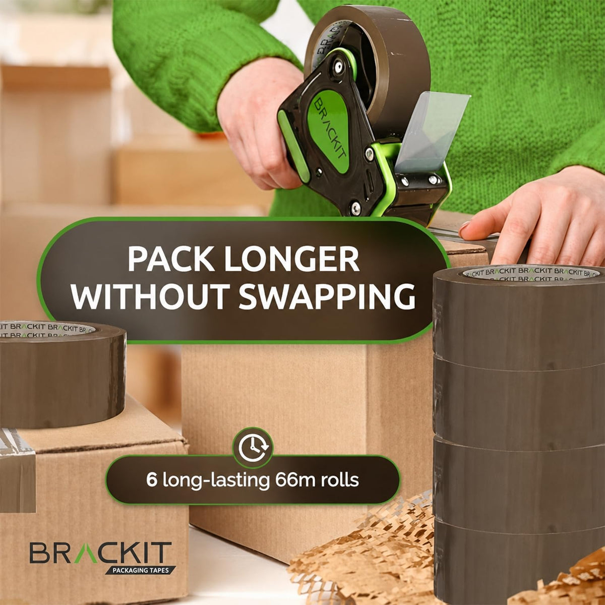 brackit Tape Gun Dispenser with 6 Brown Packing Tape Rolls 48mm x 66m