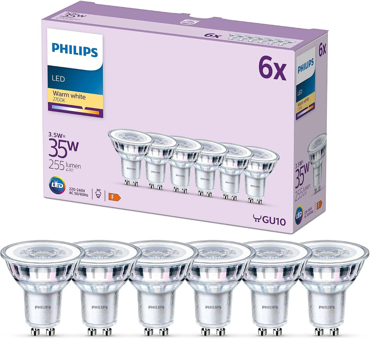 Philips Classic Spotlight Bulb, GU10 Pack of 6