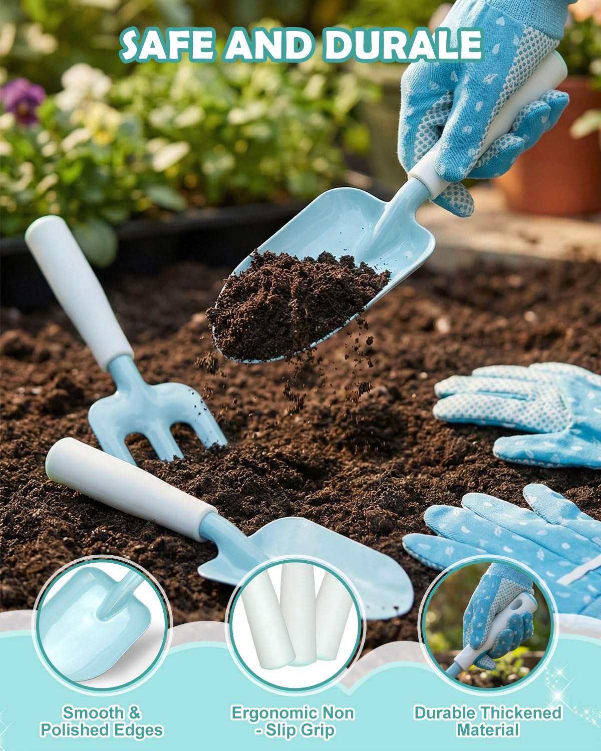 15pcs Kids Gardening Tool Set, Outdoor Gardening Set with Tools, Rake, Fork, Trowel, Watering Can, Gloves, Tote Bag & Plant Pots, Fun Garden Gift for Boys Girls Ages 3-12, Sky Blue