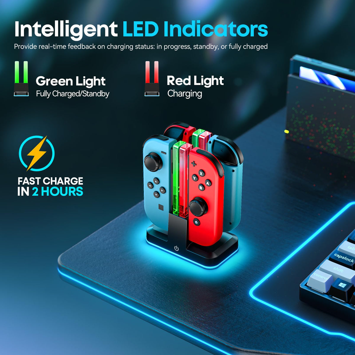 Rysker RGB Switch 2 Controller Charger for Joy-pad 2, 2H Fast Joycon 2 Charging Dock for Any Direction Charging, 9 Light Modes Switch 2 Joycon Charger Station