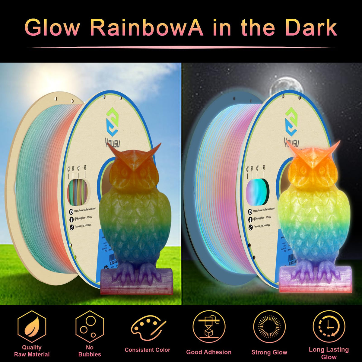 YOUSU 3D Printer Filament Bundle,Glow in The Dark Filament Multicolor,PLA Filament 1.75 mm,Green, Blue,Purple and Rainbow Accuracy +/- 0.03 mm,250g X 4 Pack