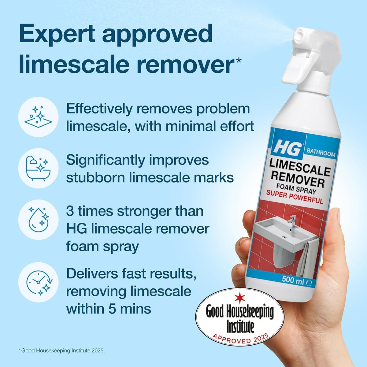 HG Limescale Remover Foam Spray Super Powerful, Bathroom & Kitchen Cleaner – 500ml (Pack of 6)