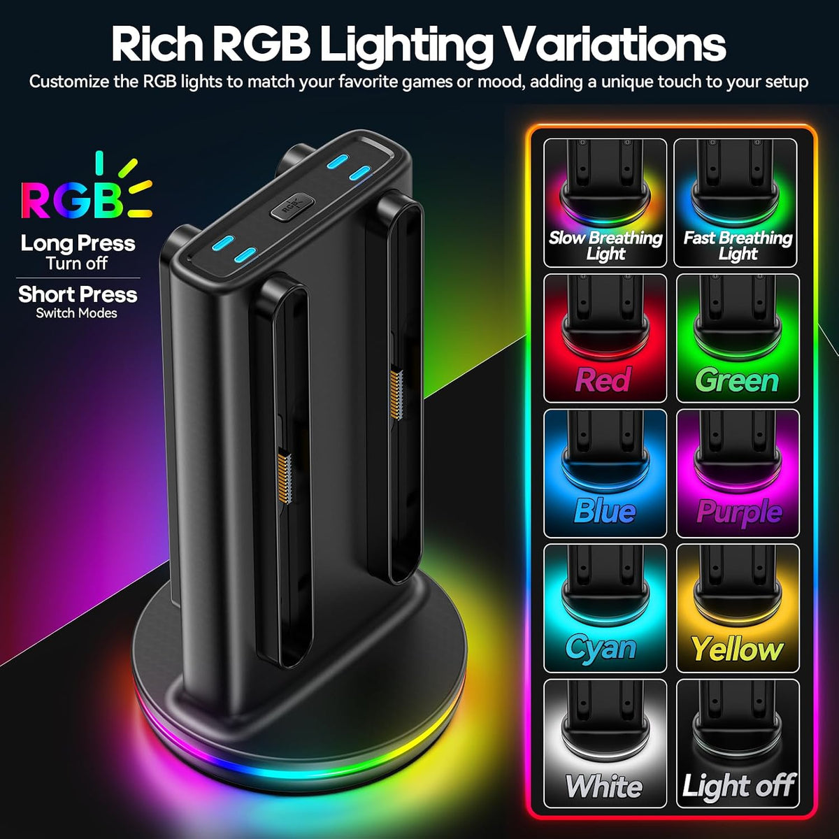 Rysker RGB Switch 2 Controller Charger for Joy-pad 2, 2H Fast Joycon 2 Charging Dock for Any Direction Charging, 9 Light Modes Switch 2 Joycon Charger Station