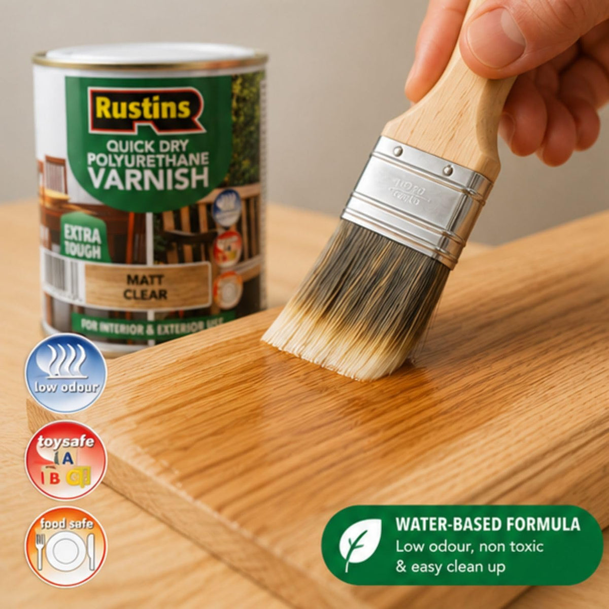 RustinsQuick Dry Poly Varnish Satin Clear 500ml -Tough, Water-Based Clear Finish in Gloss, Matt or Satin; Durable Protection for Interior Wood, Furniture and Floors