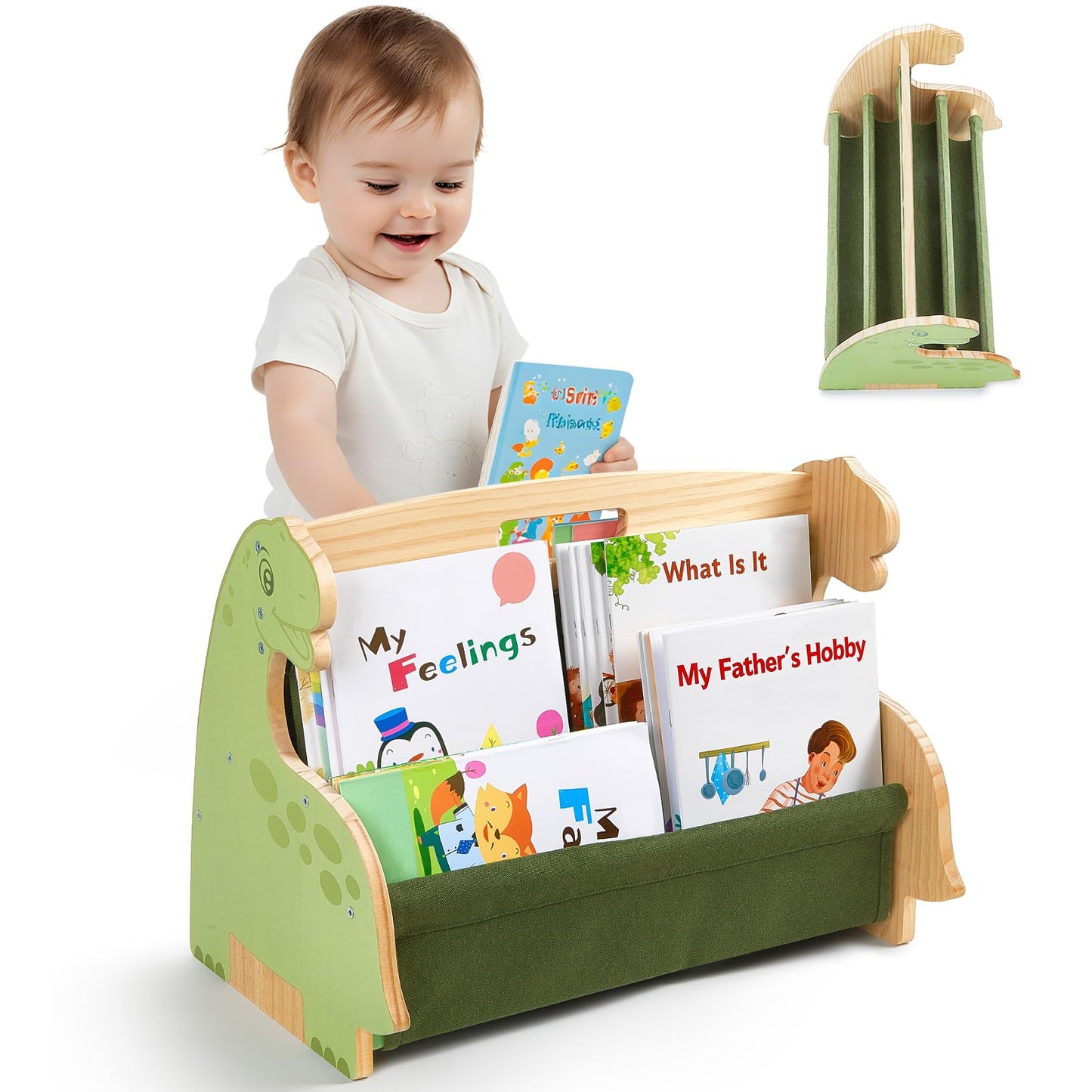 MHJY Kids Bookshelf – Wooden Double-Sided Sling Book Rack with Canvas Storage, Toddler Bookcase for Nursery, Bedroom, Playroom – Montessori Style Children’s Book Organiser