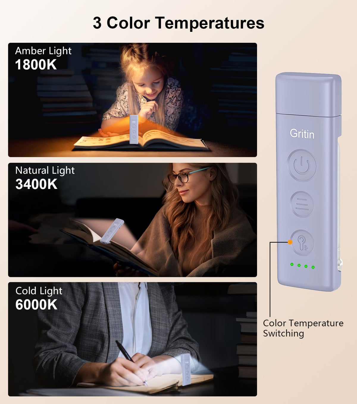Gritin Book Light Rechargeable, Reading Light Lamp Clip on Book for Reading