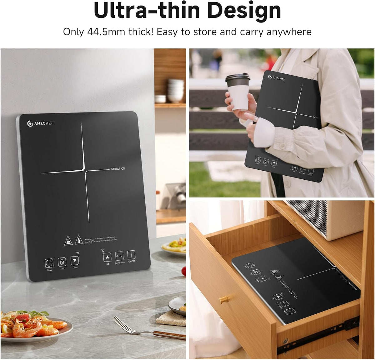AMZCHEF Single Induction Cooker, Ultra-thin Induction Hob with Fashion Look, 20-level Power and Temperature Control, Black Frosted Glass Panel, Touch Sensor, 3-hour Timer, Safety Lock