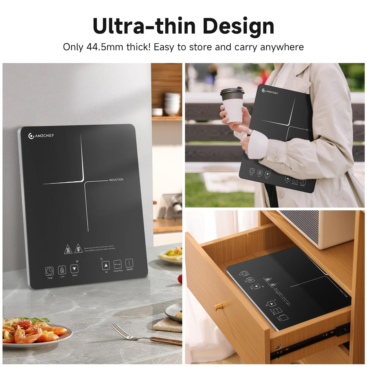AMZCHEF Single Induction Cooker, Ultra-thin Induction Hob with Fashion Look, 20-level Power and Temperature Control, Black Frosted Glass Panel, Touch Sensor, 3-hour Timer, Safety Lock