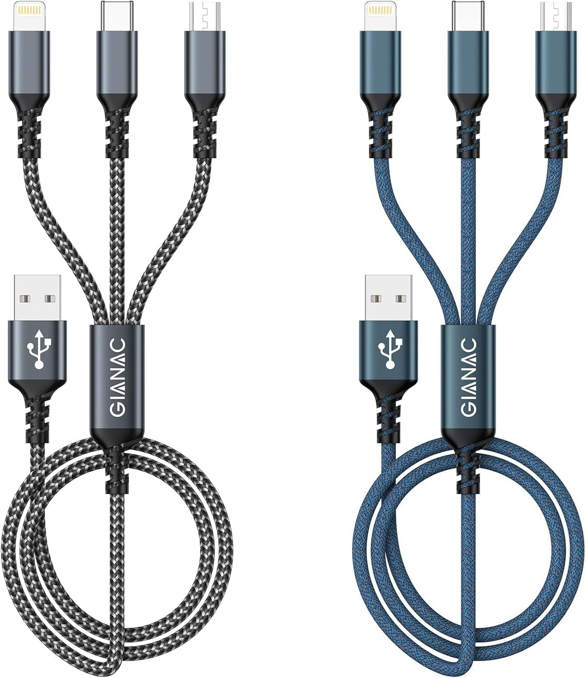 GIANAC Multi Charger Cable [2Pack 1.2M] 3 in 1 Charging Cable Nylon Braided