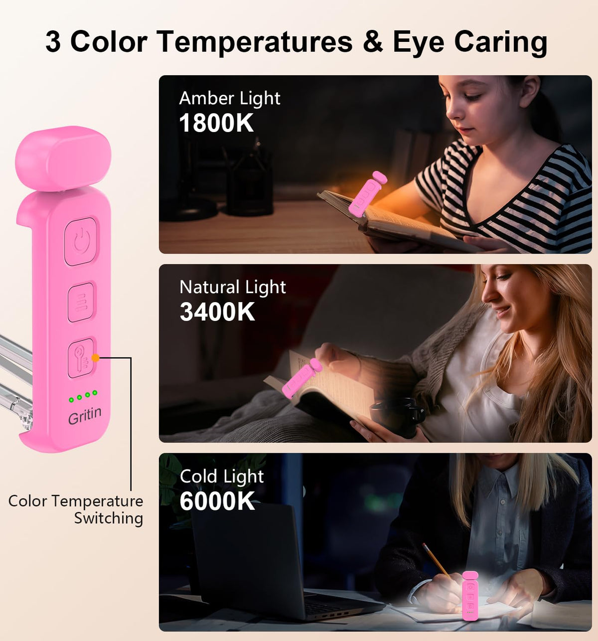Gritin Book Light Rechargeable, Reading Light Lamp Clip on Books