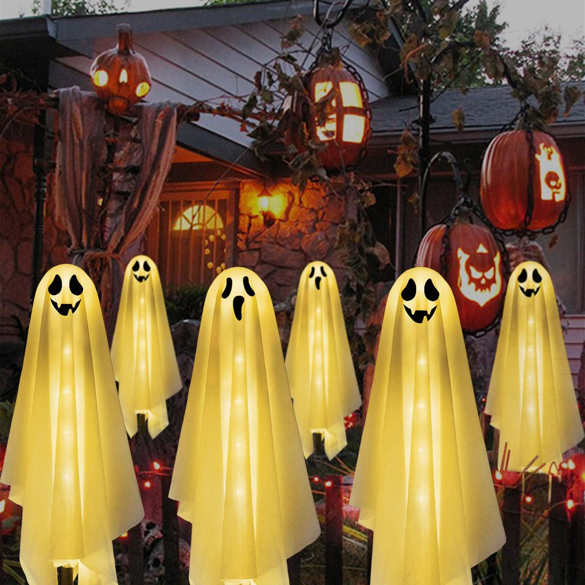 Set of 6 Solar Ghost Stake Lights, Halloween Decorations Outdoor, Scary Spooky Garden Patio Grave Lawn Porch Pathway Lights for Outside Yard Trick or Treat Halloween Party Decor Cool White
