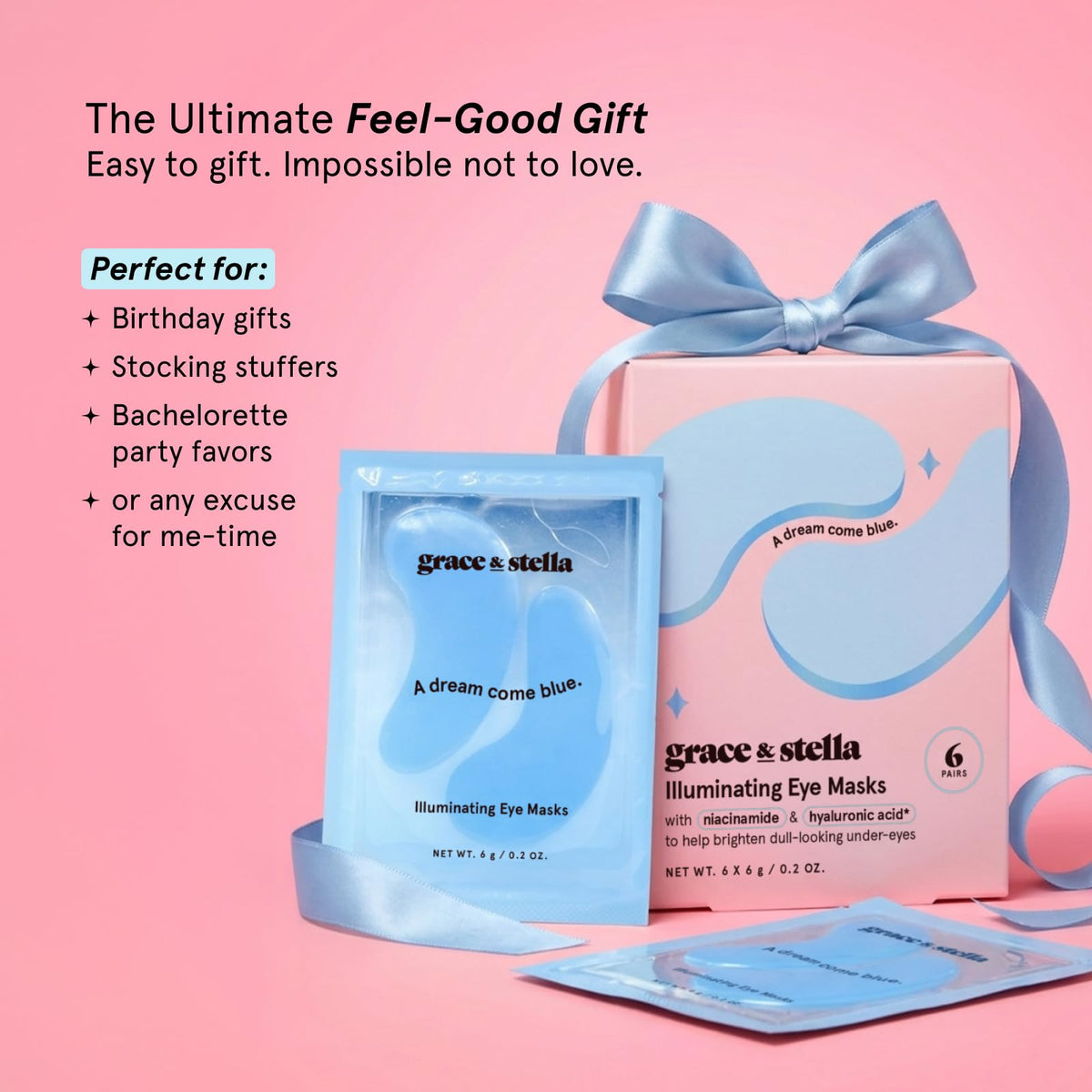 grace & stella Award Winning Under Eye Patches for Dark Circles - Illuminating Under Eye Masks for Puffy Eyes - Undereye Gel Patches with Niacinamide - Vegan - Gifts for Sisters (6 Pairs, Blue)