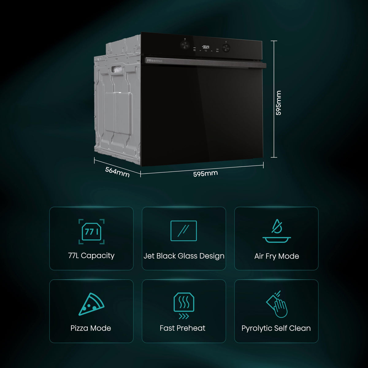 Hisense BI62020ABGUK - Built-in 60L Electric Single Oven - Black - 530x595x595 mm (DxWxH) - A Rated, Extra Large
