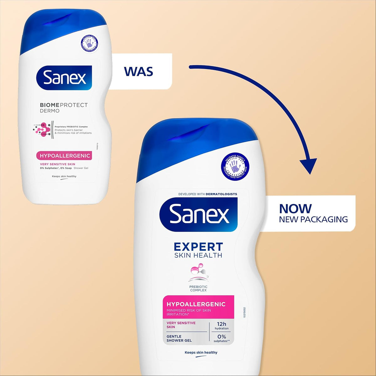 Sanex Body Wash - Expert Skin Health - Hypoallergenic Shower Gel - Dermatologist Tested Gentle for Very Sensitive Skin - Multipack - 6 Pack - 450ml Bottles