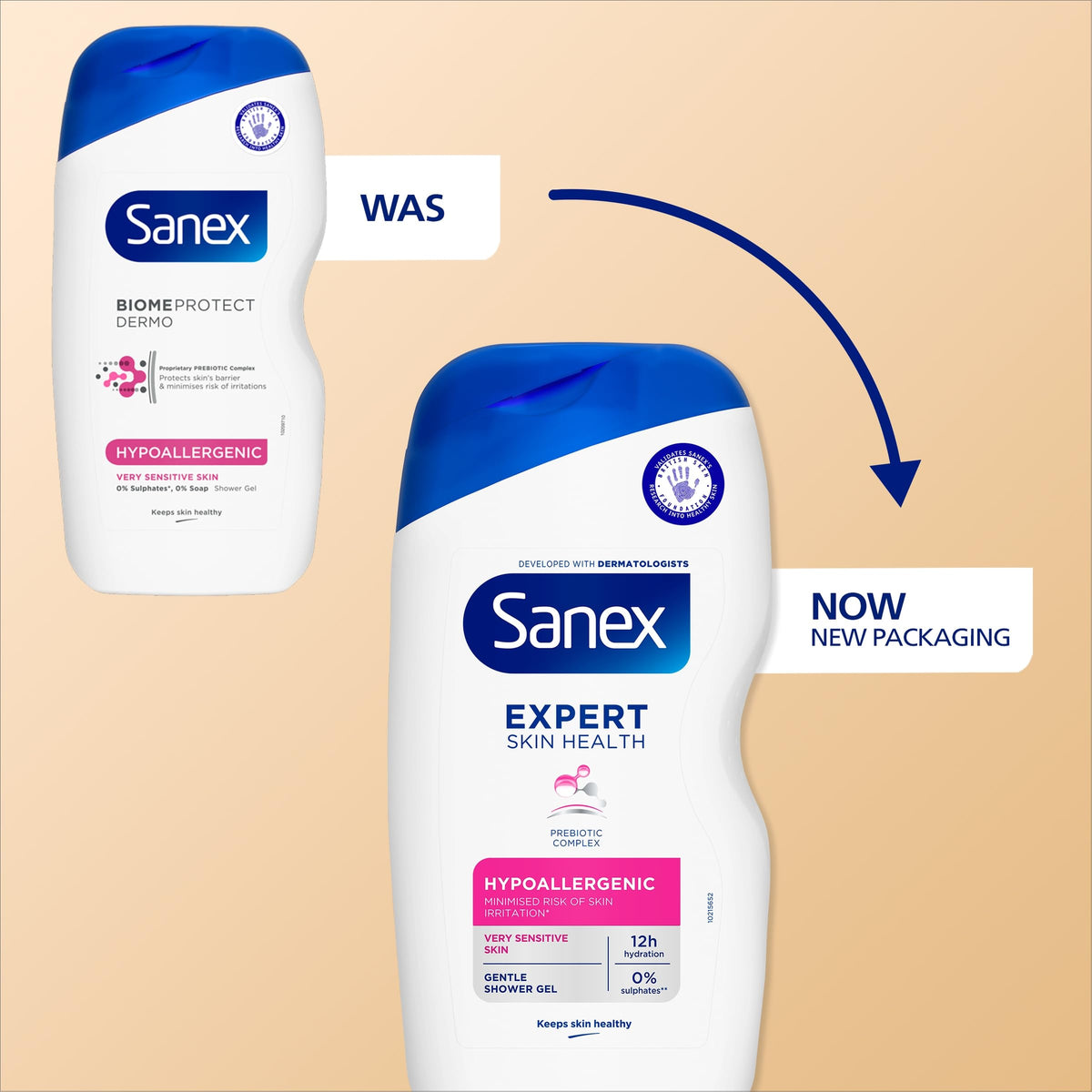 Sanex Expert Skin Health Moisturising Shower gel 570ml - body wash for men & women - gently cleanses - hydrates & softens skin - 12h hydration - advanced prebiotic complex formula - vegan