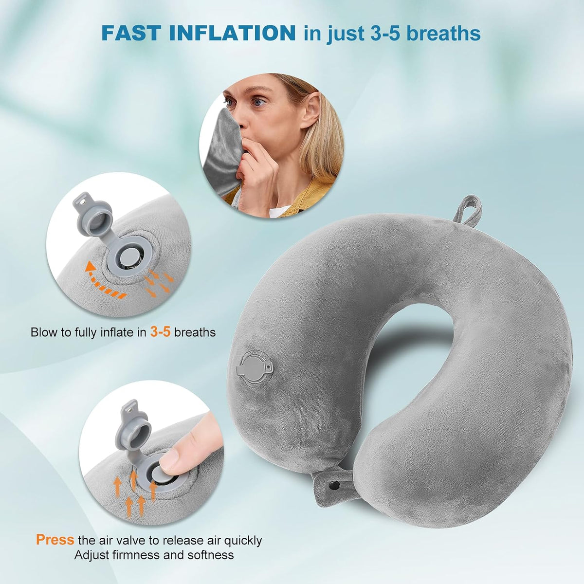 Cirorld Inflatable Travel Pillow, Blow up Neck Pillow for Travel, Lightweight Inflatable Travel Pillow for Airplane with Eye Mask and Earplugs—Travel Essentials for Flying, Grey