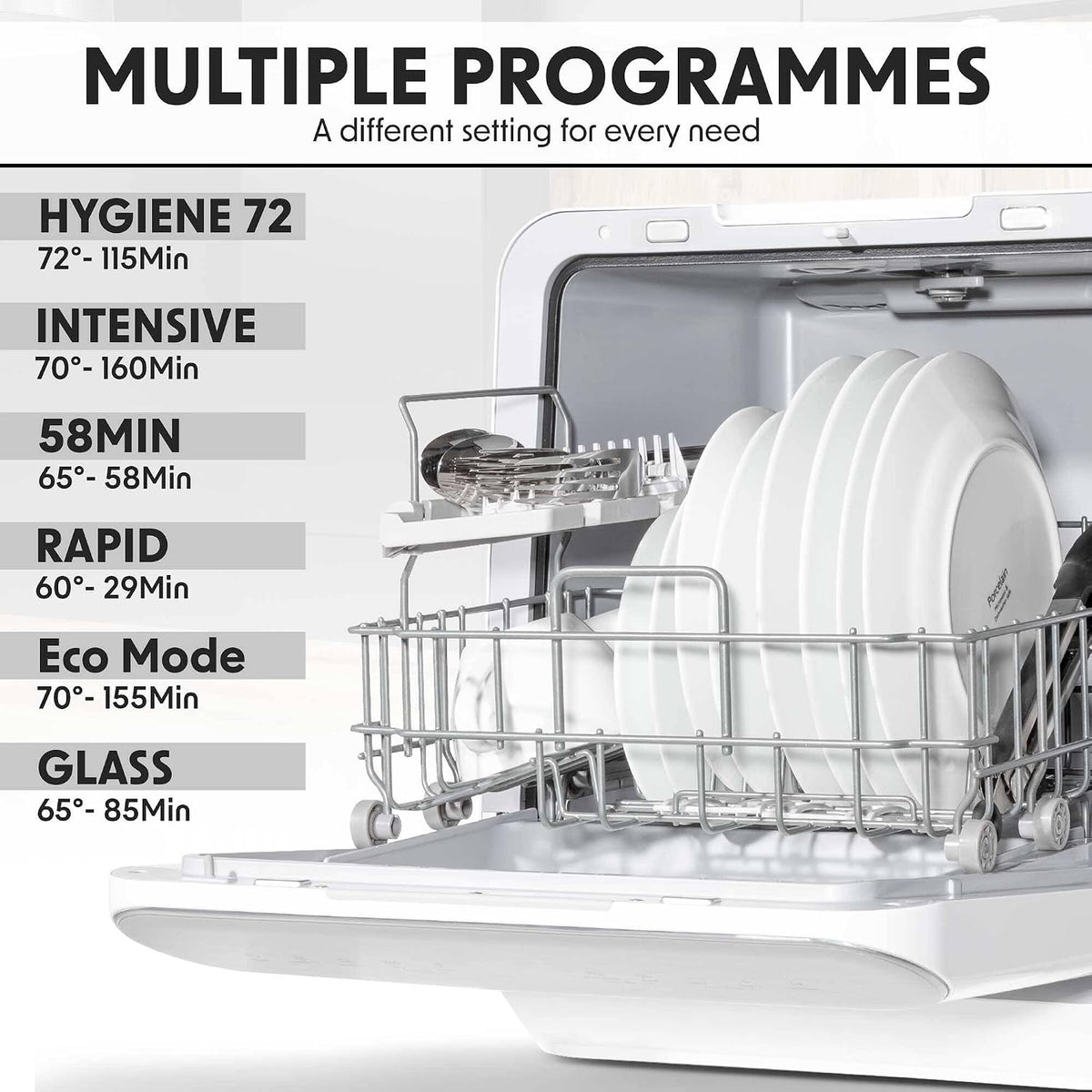 Baridi Table Top Dishwasher, 6L Portable Mini Dishwasher, 3 Place Settings, 7 Wash Functions - DH72