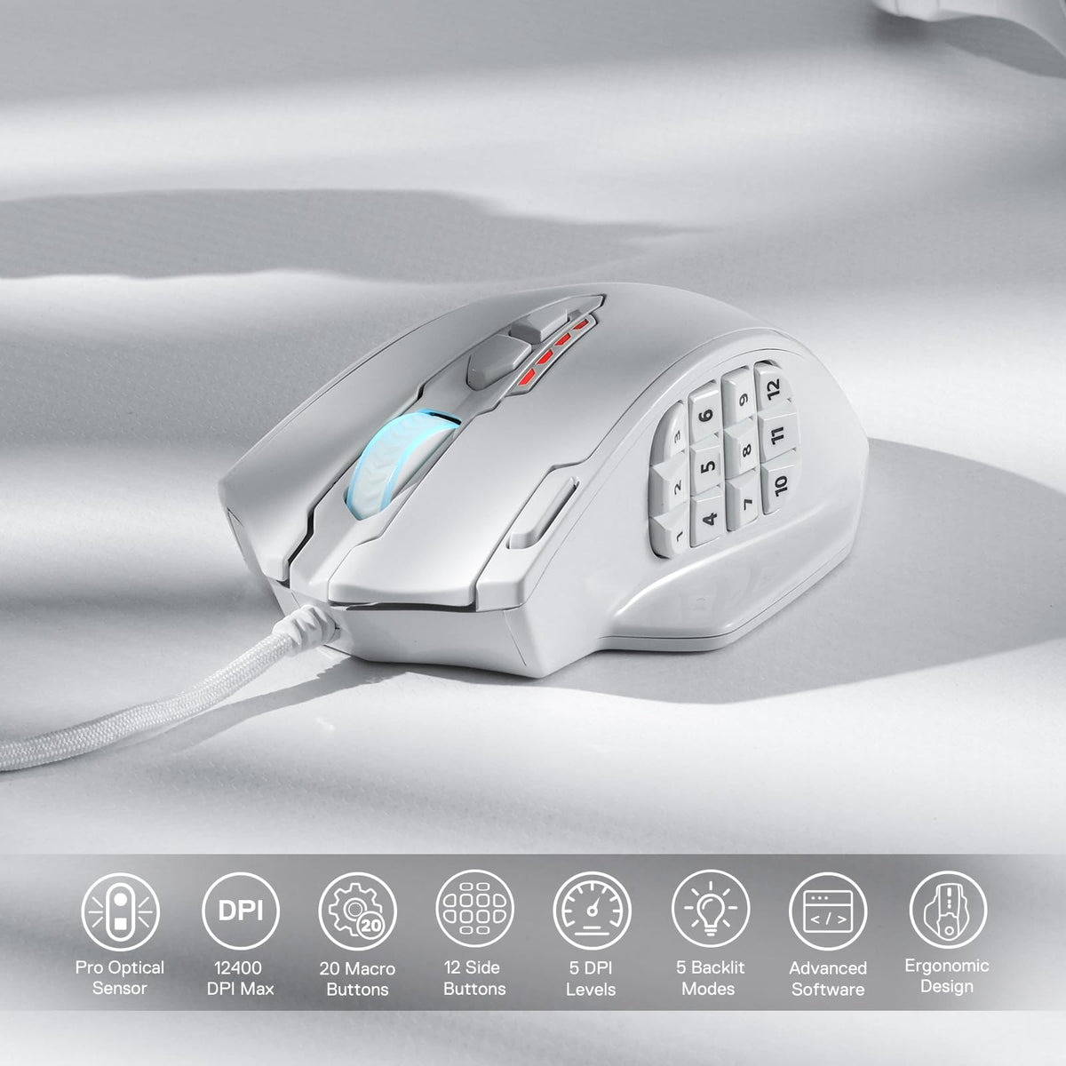 Redragon M908 Impact RGB LED MMO Gaming Mouse With 12 Side Buttons, Optical Wired Ergonomic Mouse with Max 12,400DPI, High Precision, 18 Programmable Macro Shortcuts, Comfort Grip