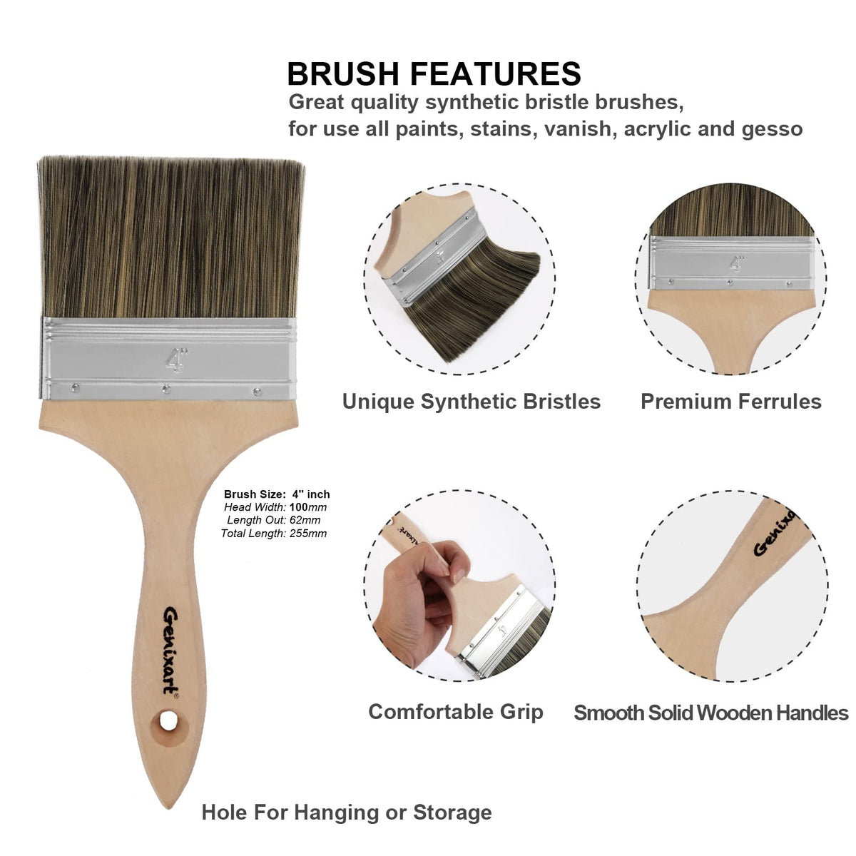 Genixart Double Thick Chip Paint Brush Set, Wood Fence Stain Brush, 3 Inch