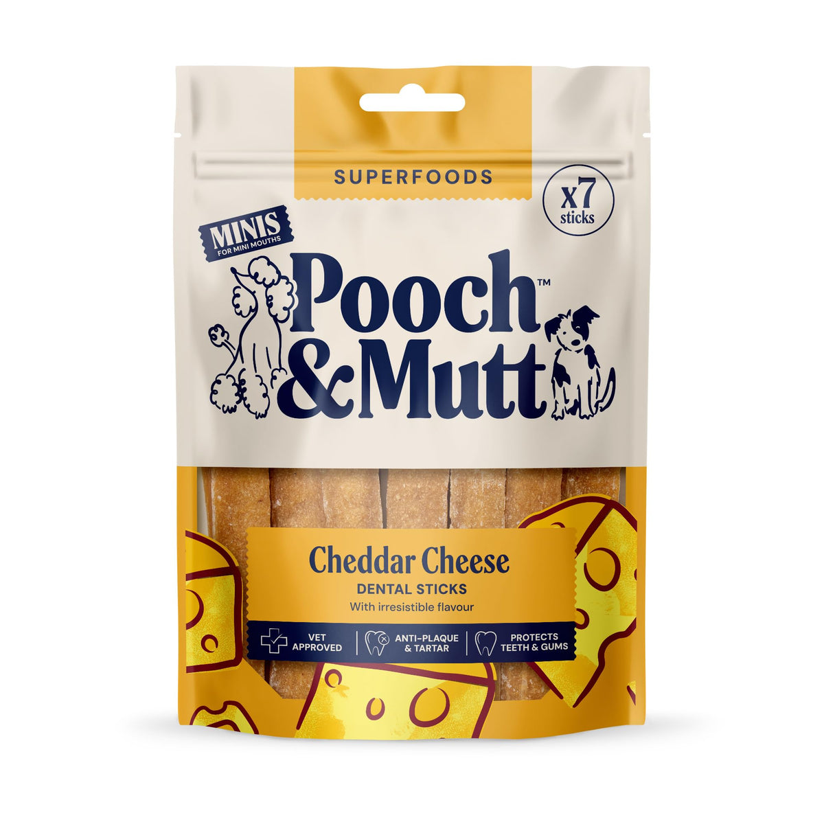 Pooch & Mutt - Cheddar Cheese Dog Dental Sticks (Regular Sticks), Dog Dental Chew, for Teeth and Gums Cleaning, 1 pack of 7 sticks (packaging may vary)