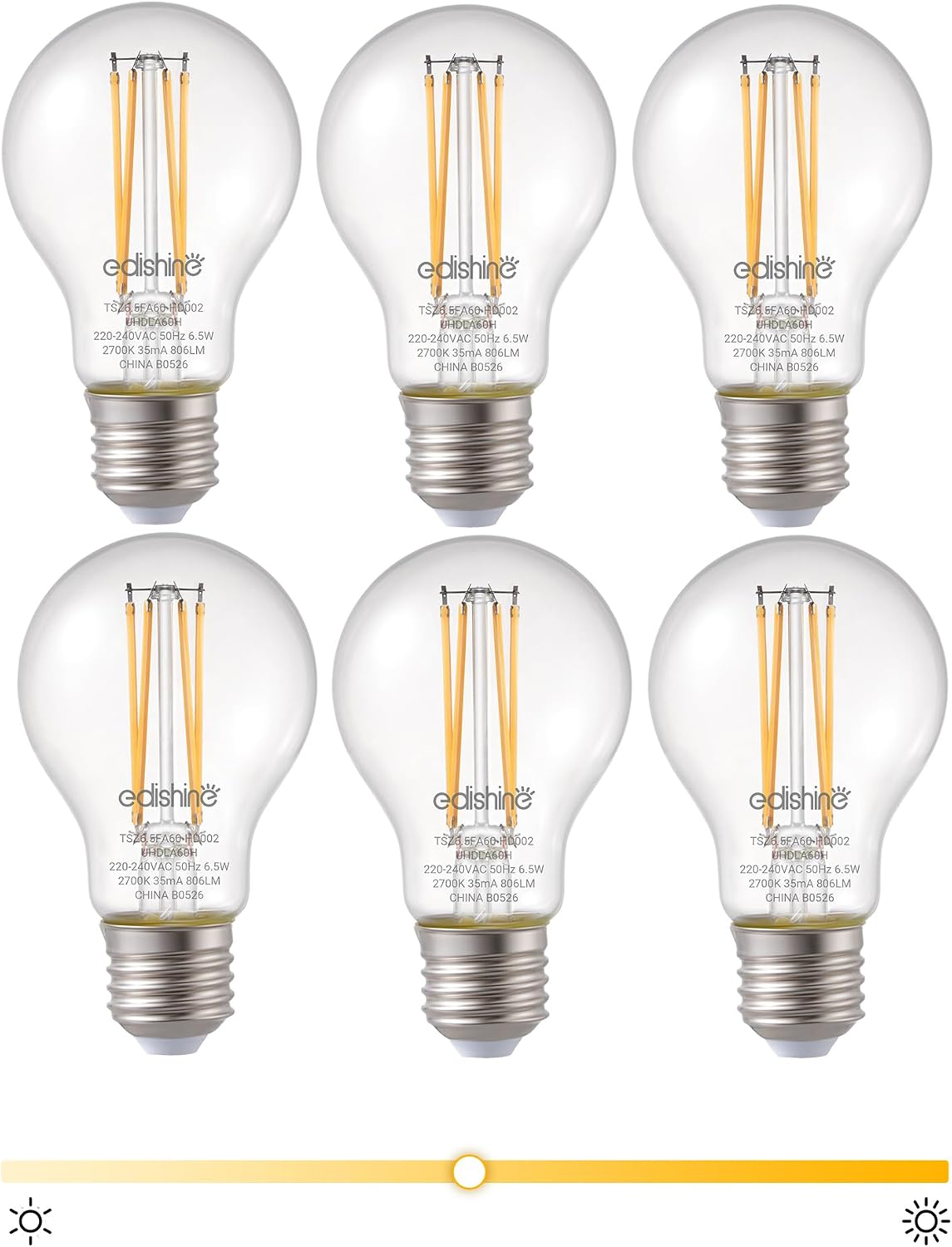 EDISHINE 6 Pack E27 Dimmable LED Edison Bulbs, 6.5W 2700K Warm White, 806LM