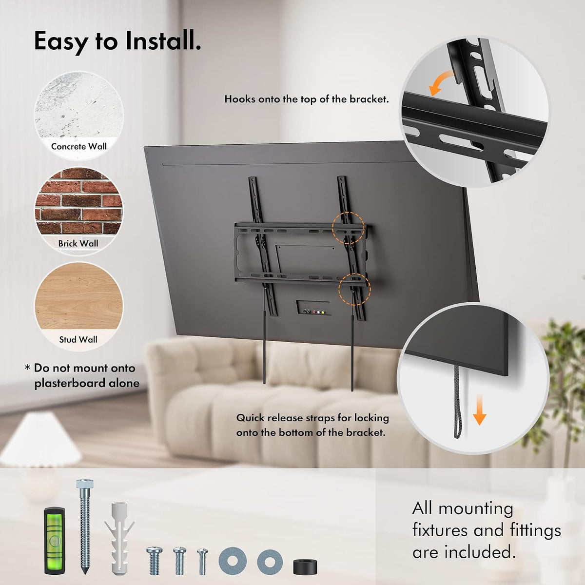 VonHaus TV Wall Bracket for 32-75" Screens, Ultra-Slim TV Bracket with Spirit Level, Flat to Wall Mount, 55kg Capacity, Max VESA : 400x400 mm