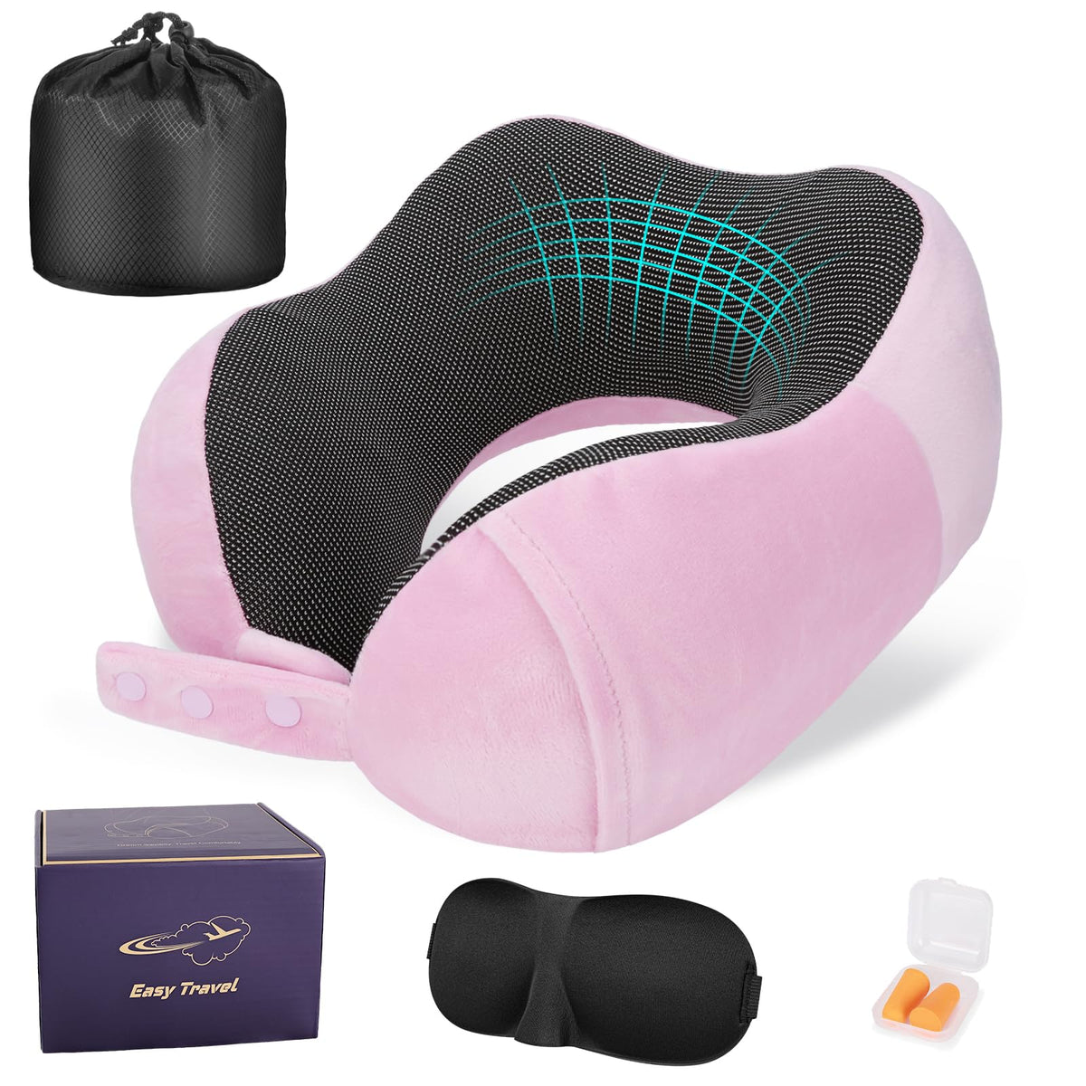 Cirorld Travel Pillow for Airplane, Neck Pillow for Travel, Memory Foam Travel Neck Pillow for Adults, Adjustable & Compact Flight Pillow, Ergonomic Neck Cushion, With Ear Plugs, Eye Mask, Carry Bag