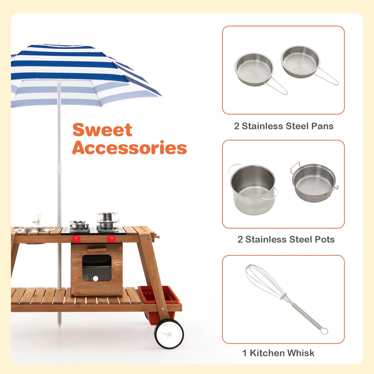 COSTWAY Wooden Mud Kitchen, Outdoor Kitchen Playset with Umbrella, Sink, Storage Cabinet and Accessories, Wheeled Role Pretend Cooking Cart for Kids Toddlers (Natural+White)