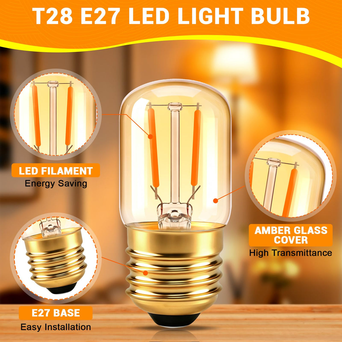 Caldarax 0.5W E14 LED Vintage Night Light Bulb, Mini C7 LED Filament Candle Bulbs Amber Warm White 2200K E14 Orange SES Small Edison Screw Salt Lamp Bulbs, 5W Equivalent, Non Dimmable, 2 Pack