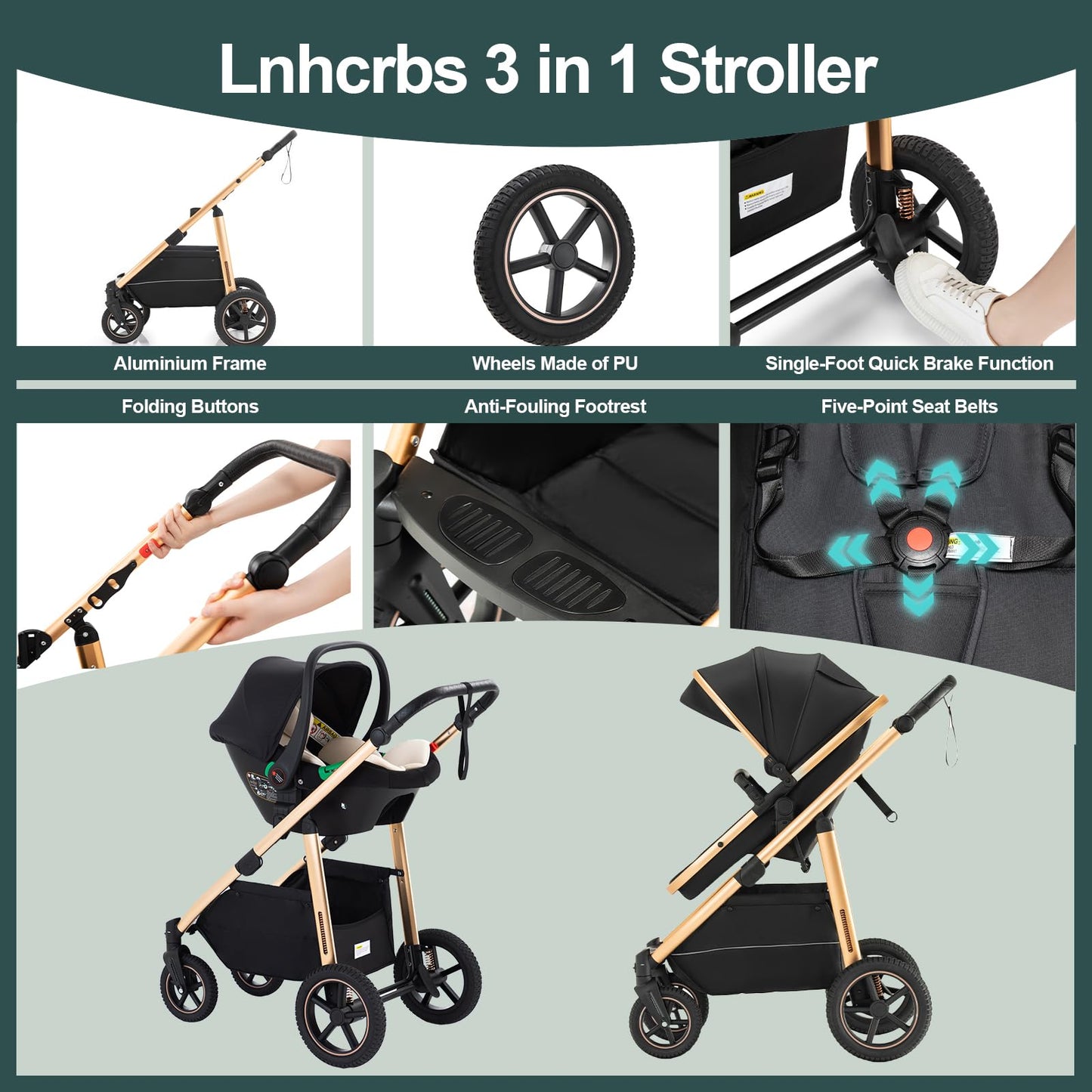 Baby Stroller 3 in 1,Travel Pushchair's Lie-Flat Pram is Foldable, Stroller System Handle is Adjustable, The Wheels are Made of PU Material, Suitable for 0-3 Years-Khaki