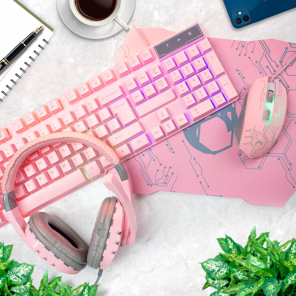 Gaming Keyboard and Mouse and Mouse pad and Gaming Headset, Wired LED RGB Backlight Bundle for PC Gamers Users - 4 in 1 Gift Box Edition Hornet RX-250