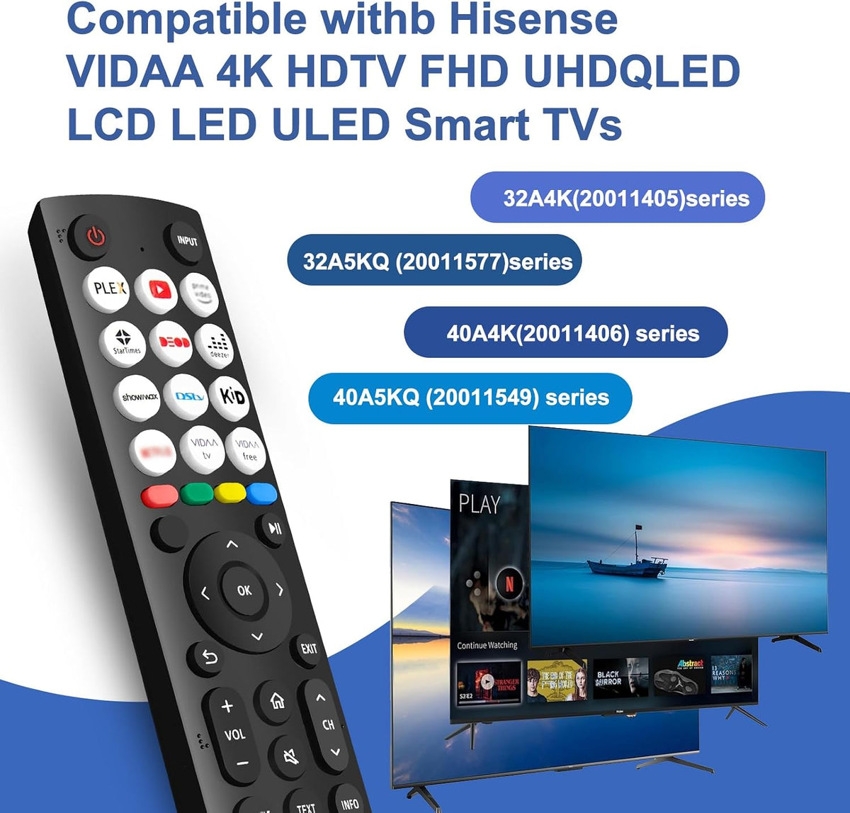 Replacement Hisense TV Remote Control for Hisense VIDAA 4K UHD FHD QLED LED LCD HDTV Smart TV Remote Replacement with 12 Shortcut Buttons, No Setup Required