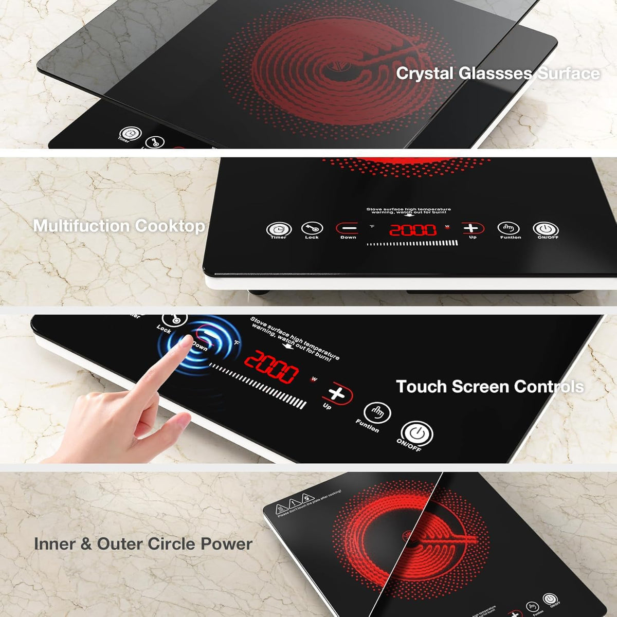 VBGK Double Electric Hob, 220V 3600W Ceramic Hob with Handle, Electric Hot Plate with 9 Power Levels, Child Safety Lock, Timer,Knob and Touch Control, 2 Burner Cooktop