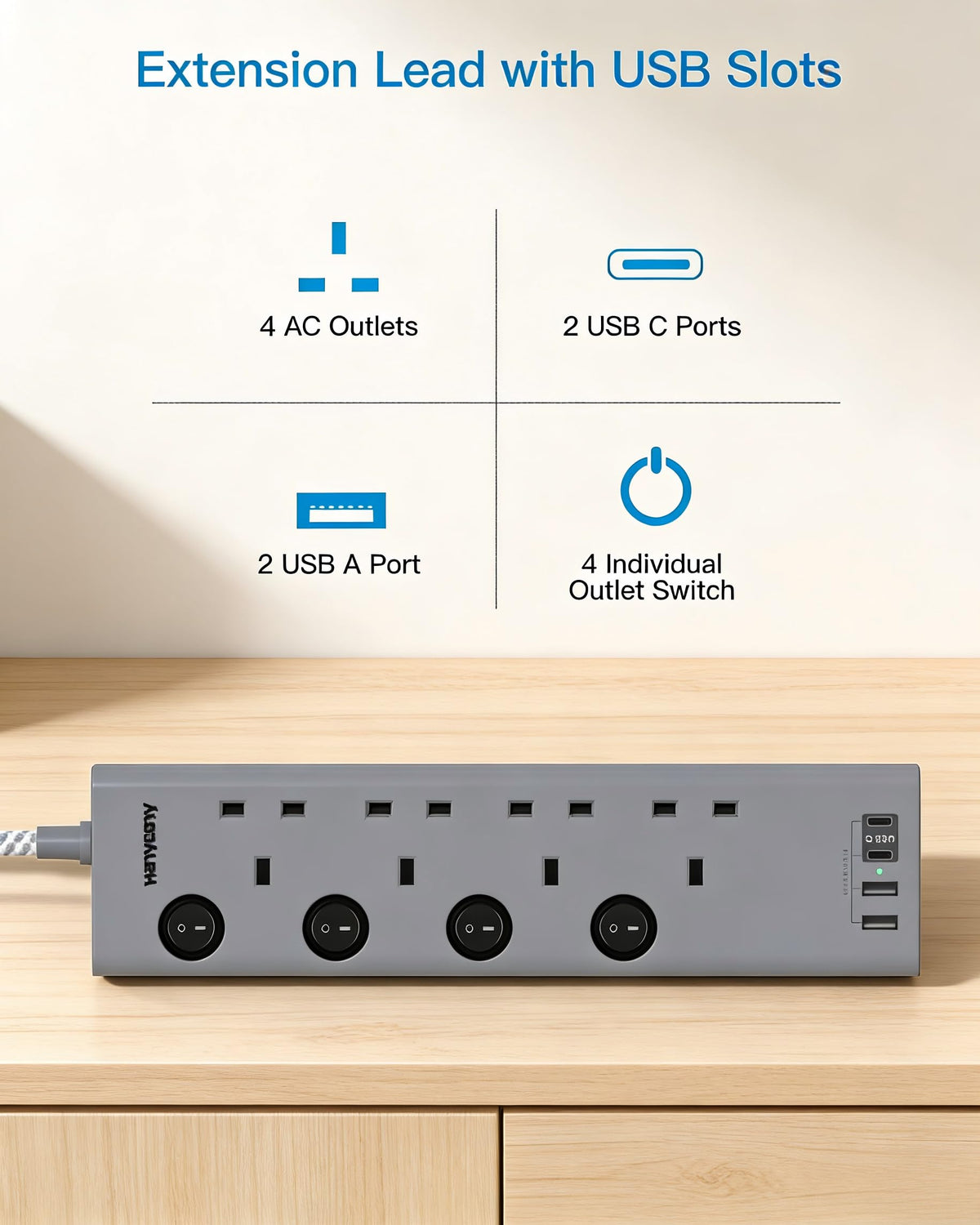 Extension Lead with USB Slots(2 USB C), 4 Way Plug Extension Socket, 1.8M