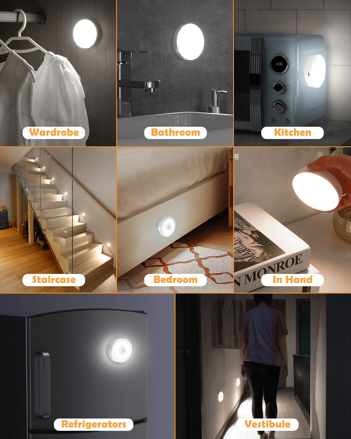 Motion Sensor Lights Indoor, 6 Pack Cupboard Lights, Stair Lights Night Lights, 3 Modes USB Charging Wall Lights, Magnetic Sensor Lights Indoors for Kitchen Stair Closet Under Cabinet