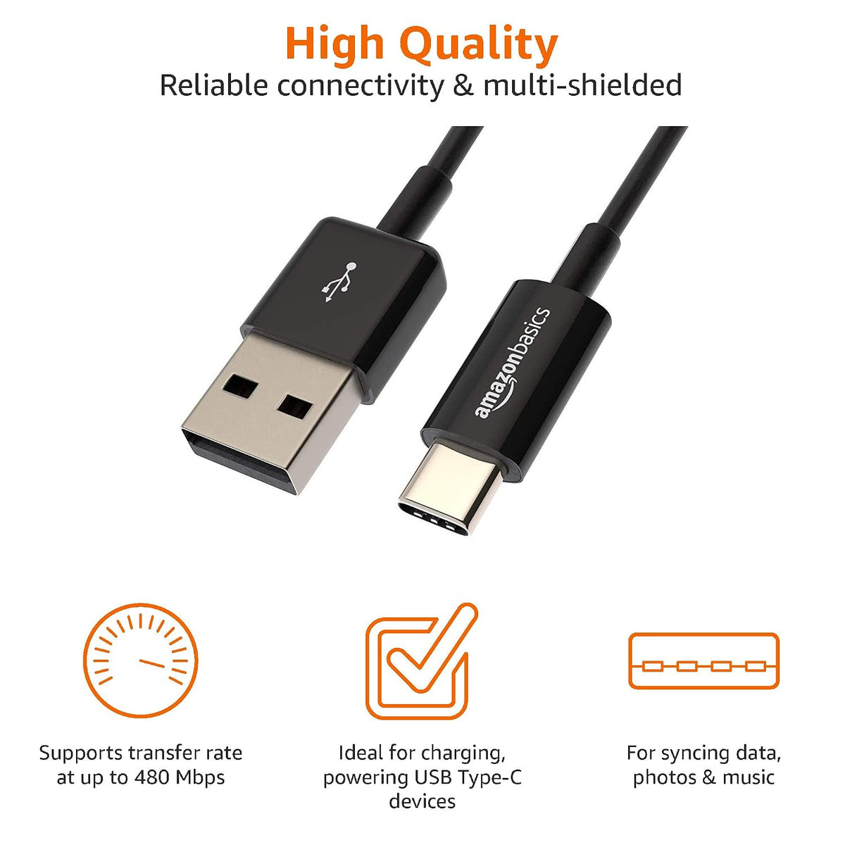 Amazon Basics USB-A to USB-C Fast Charger Cable, USB 2.0, 480Mbps Speed, USB-IF Certified, for Apple iPhone 16/15, iPad, Samsung Galaxy, Tablets, Laptops, 0.9 m, Black
