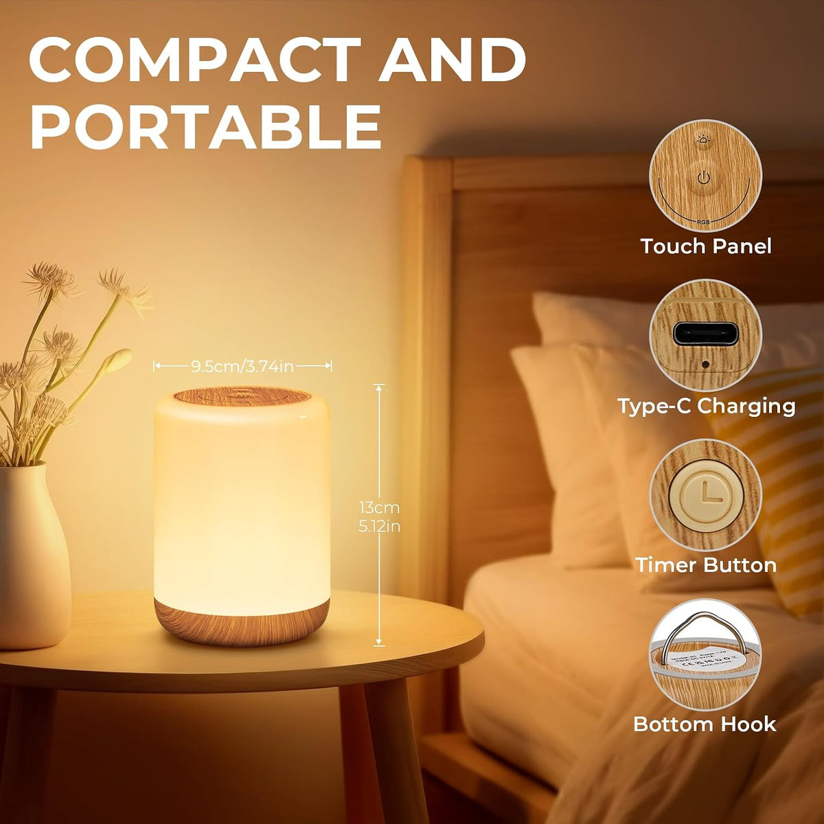 Night Light, Dimmable Touch Bedside Lamp with 256 RGB, Timer, Memory