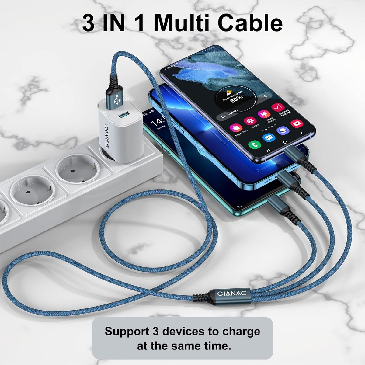 GIANAC Multi Charger Cable [2Pack 1.2M] 3 in 1 Charging Cable Nylon Braided