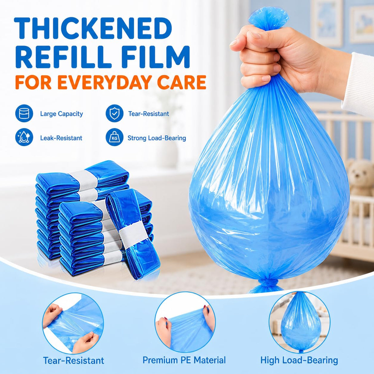 12er-Pack Nappy Bin Refills, vacvad 4.5m Diaper Bin Pail Disposal Bags, Nappy Bin Liners Replacement Strong Seal & Tear Resistance, Compatible with Most Nappy Disposal Systems (Blue)
