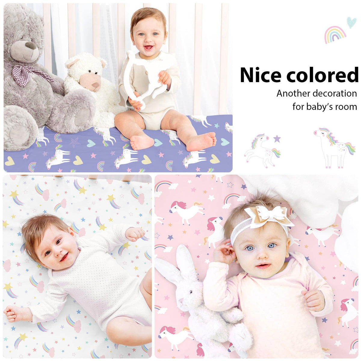 Cot Bed Sheets 140 x 70cm Fitted, 3 Pack Baby Cot Sheets, Ultra Soft & Silky Smooth Microfiber Toddler Bed Sheets Pink Rainbow