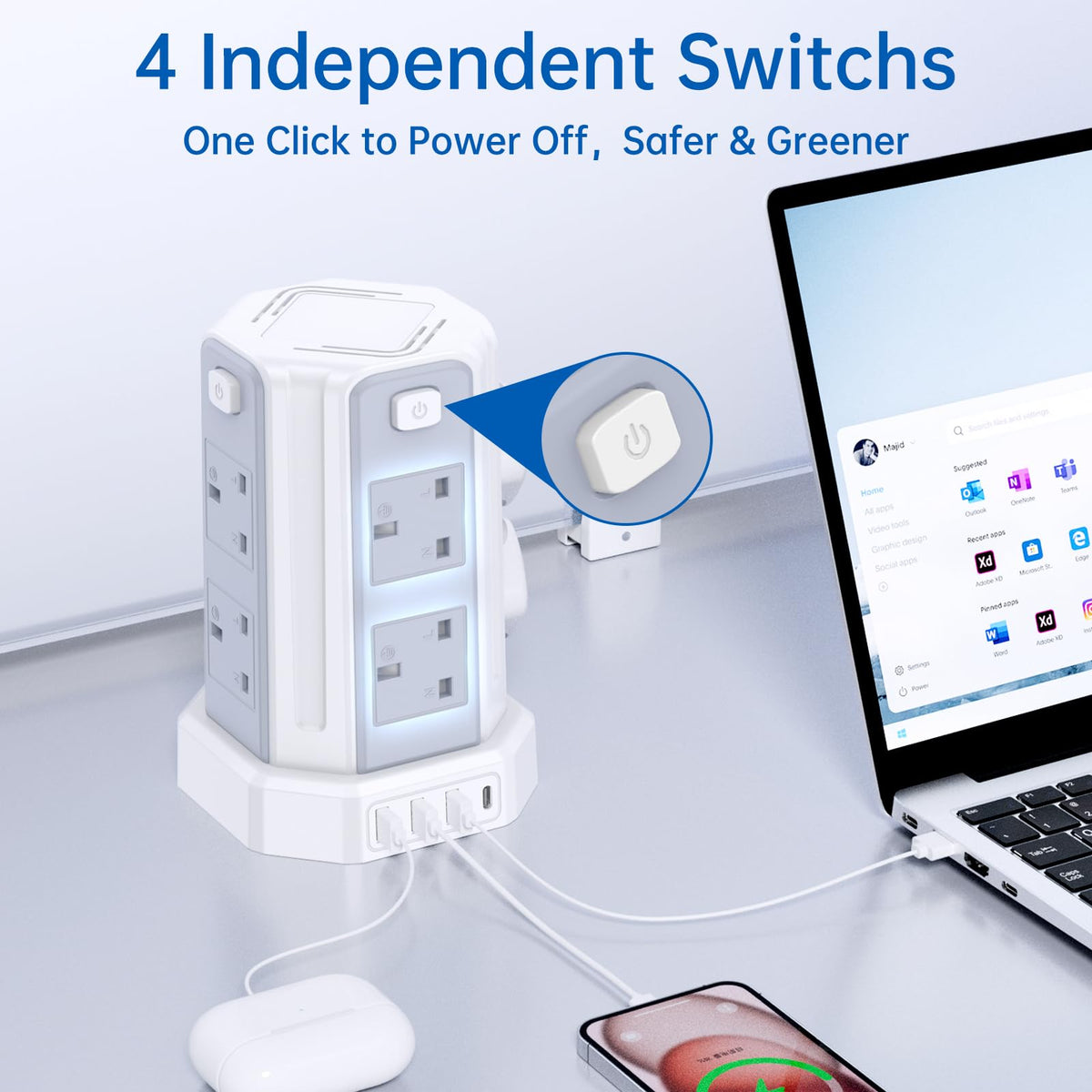 Tower Extension Lead 3M, [13A 3250W] Extension Lead, 8 AC Outlets & 4 USB Ports Multi Plug Socket Power Strip with 3M Extension Cable for Home, Office