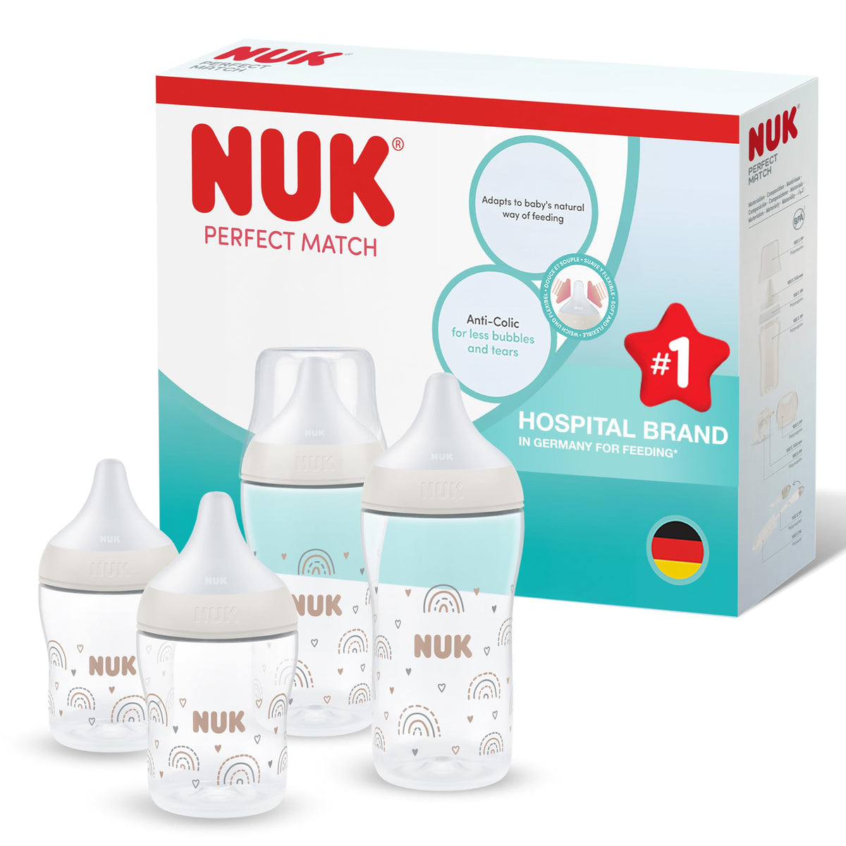 NUK Perfect Match Newborn Baby Bottle Set | 0+ Months | 150ml | Anti Colic Feeding Bottle | PP | Temperature Control Indicator | Rainbow | 4 Count