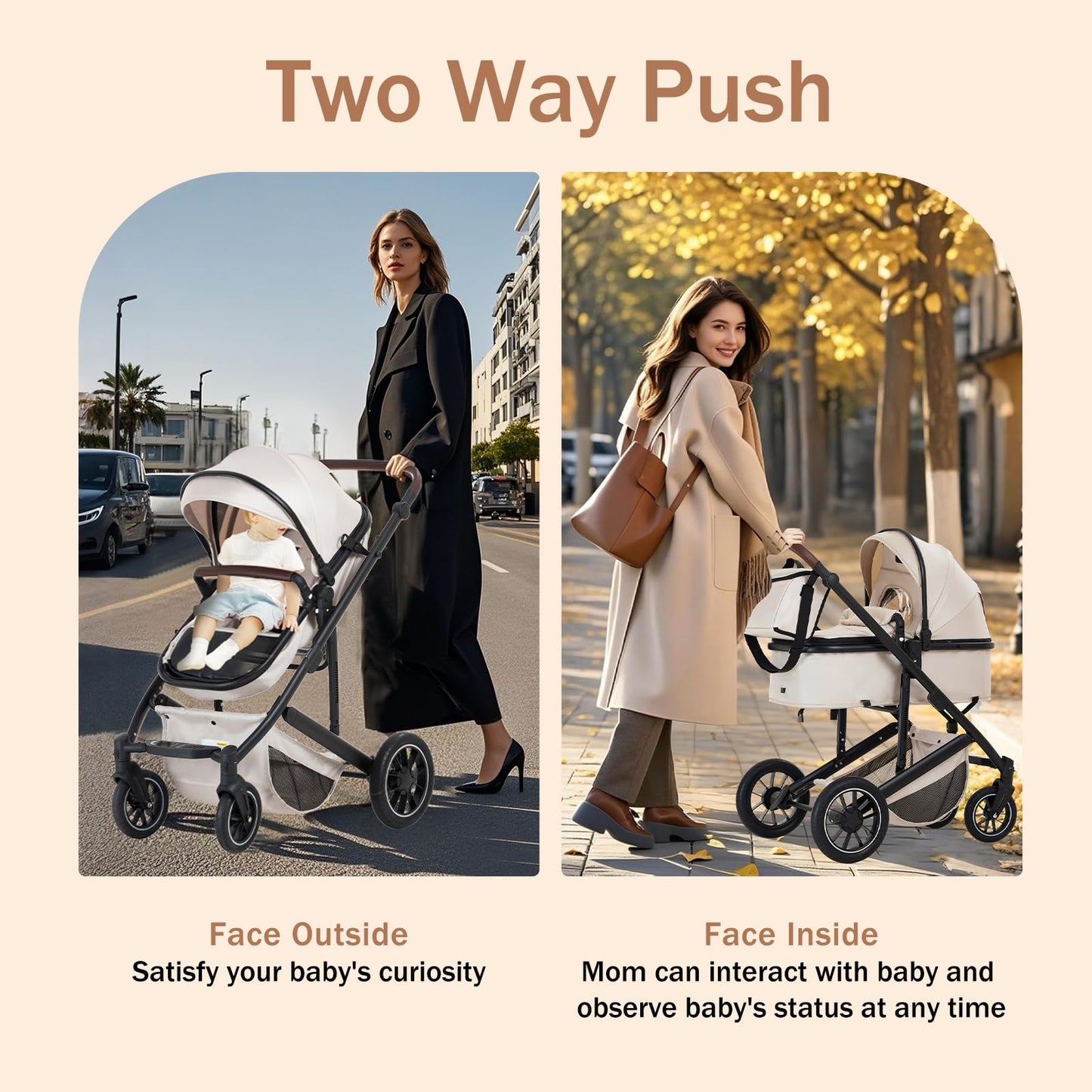 Zkipm Baby Pram 3 in 1, Foldable Baby Stroller,Pram Set Travel with Adjustable-Height Push Handle, Present Rain Cover, Mosquito Net, Bag, Cooling Mat, ect for Ages 0–3