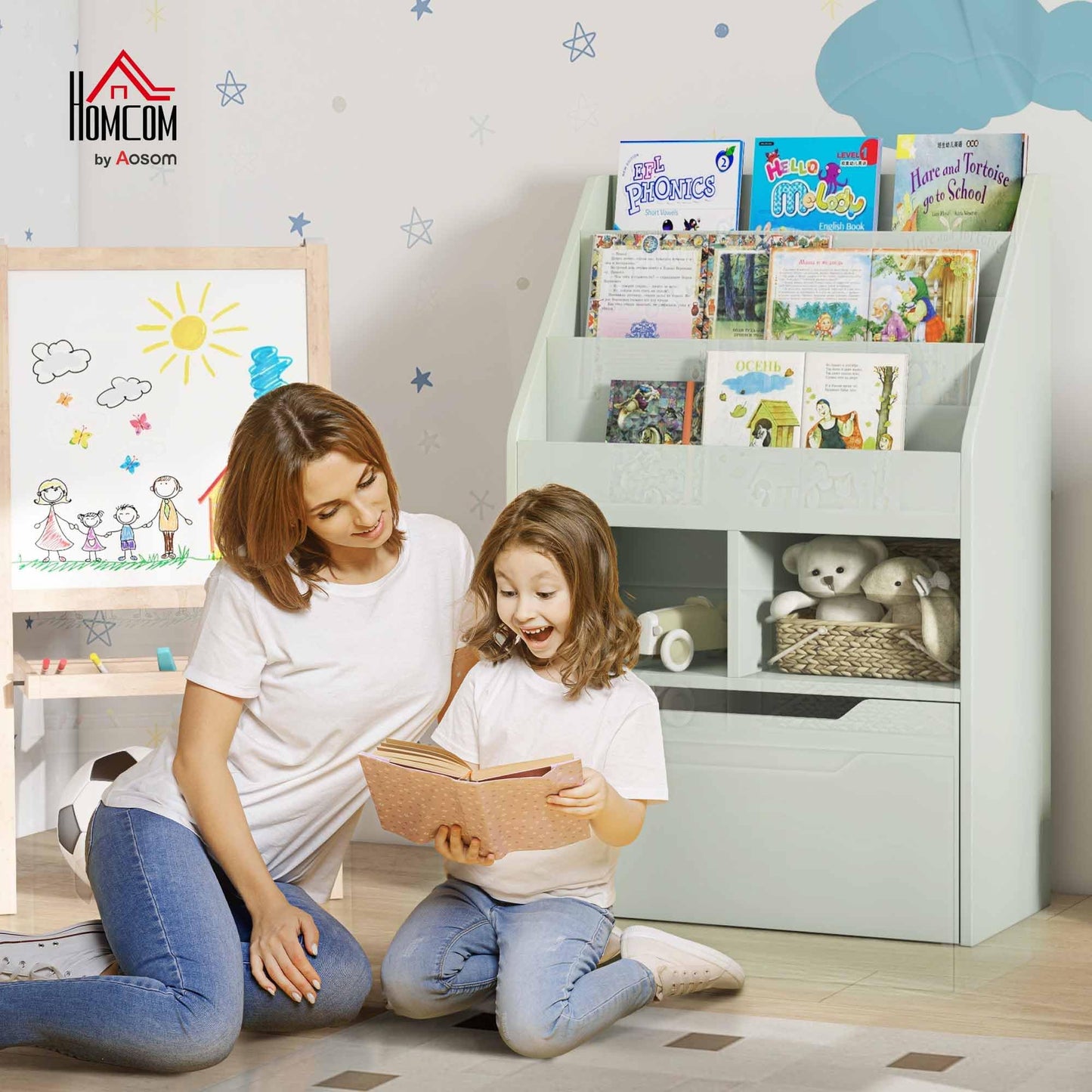 HOMCOM Kids Bookshelf with Moveable Drawer, Montessori-Inspired Children's Bookcase with Wheels, Toy Organiser for Bedroom, Playroom - White